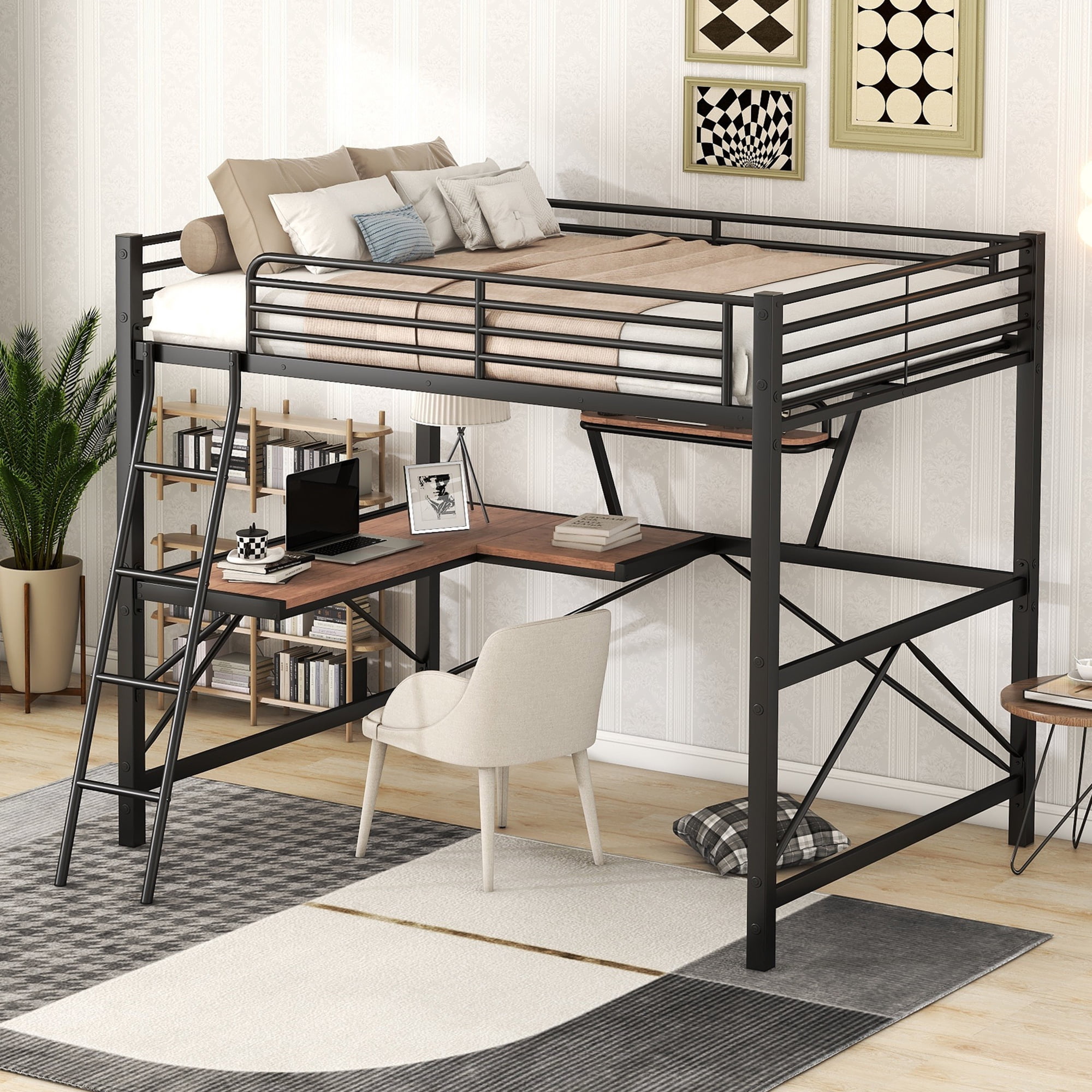 Full Size Loft Metal&MDF Bed with Desk and Shelf, Black - Walmart.com