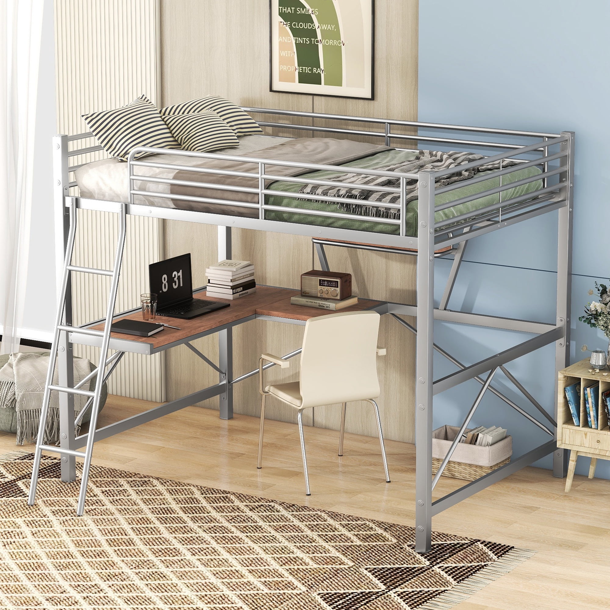Full Size Loft Metal&MDF Bed with Desk and Shelf, Silver - Walmart.com