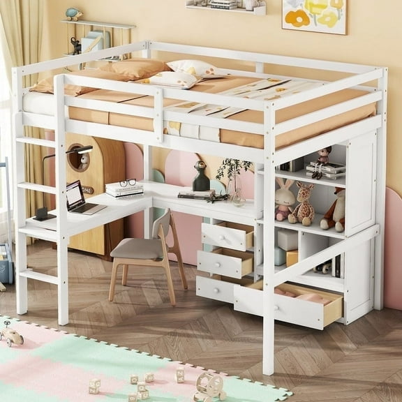 Full Size Loft Wood Bed with Desk, Storage Bookcase, 4 Drawers and Ladder with Wood Loft Bed Frame, Modern High Loft Bed with Guardrails for Adults Teens , White
