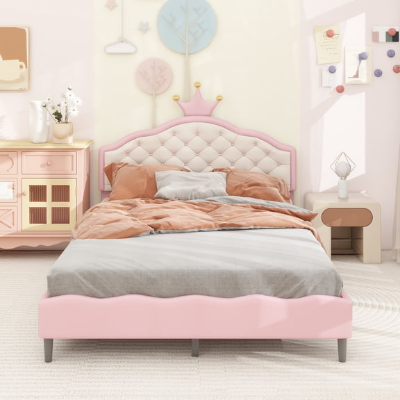 Full Size Lovely Crown Fantasy PU Leather Princess Bed with Tufted Headboard, Pink+Cream