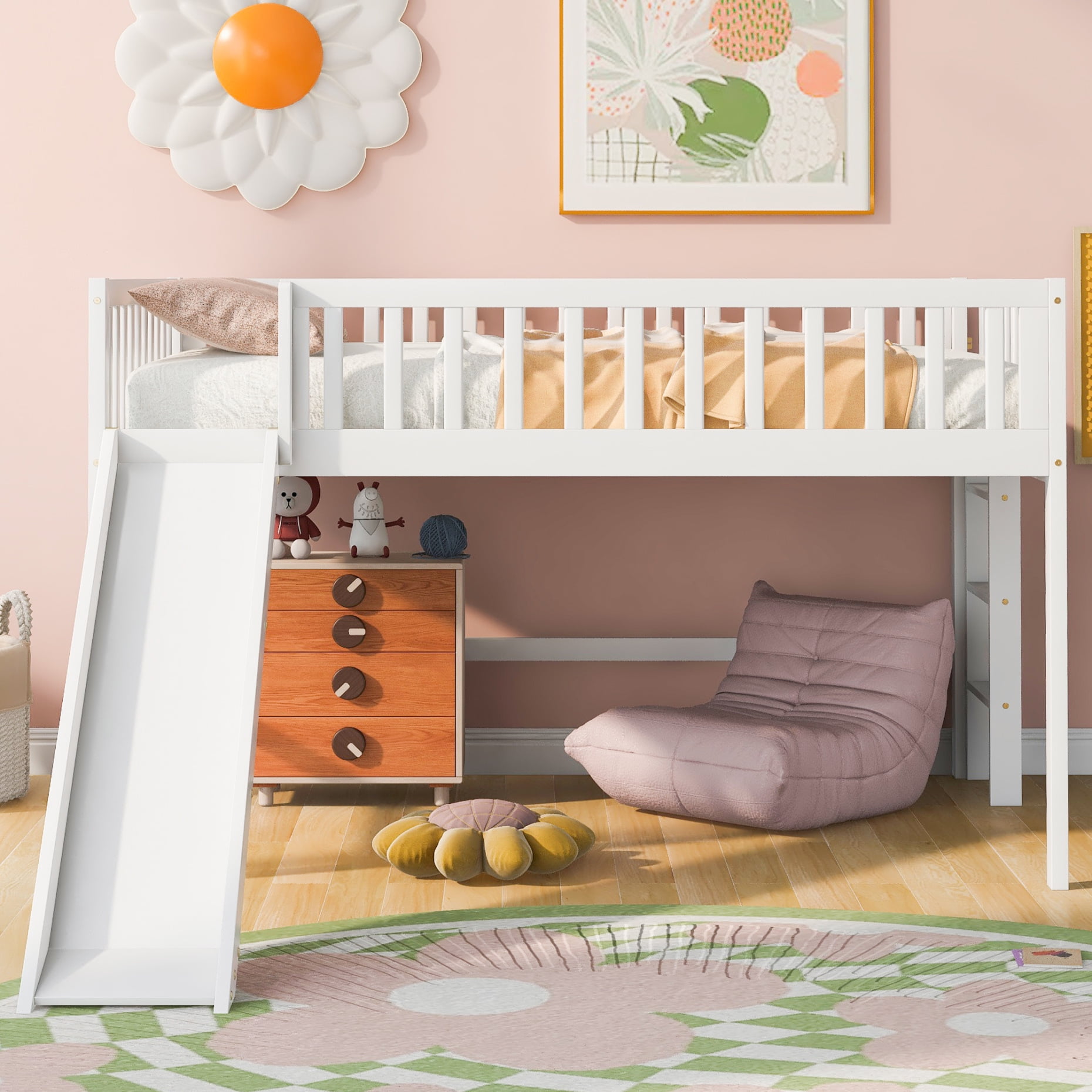 Full Size Low Loft Bed with Ladder and Slide, FullLength Guardrail