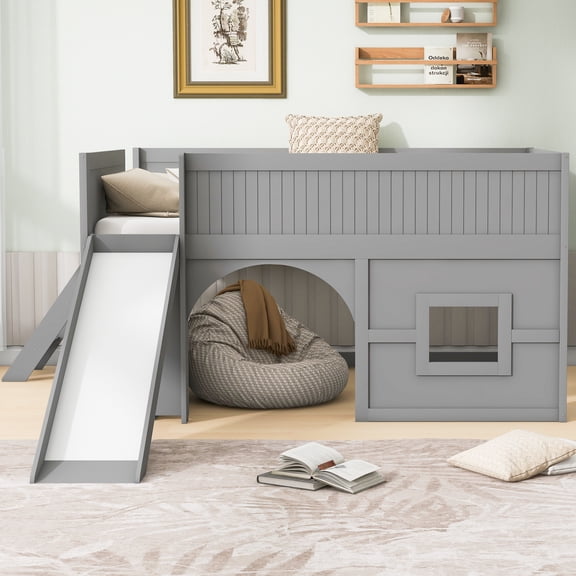 Full Size Low Loft Bed, Playhouse Loft Bed with Slide & Storage Shelves, Fun Fort Bed with Door & Window, All-in-One Wooden Bed with Sleeping & Play Area,Gray