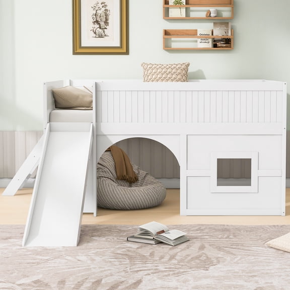 Full Size Low Loft Bed, Playhouse Loft Bed with Slide & Storage Shelves, Fun Fort Bed with Door & Window, All-in-One Wooden Bed with Sleeping & Play Area, White