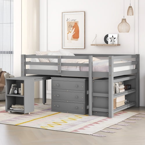 Full Size Low Loft Bed Study Wood Bed Frame with Rolling Portable