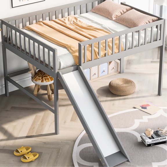 Full Size Low Loft Bed With And Slide In Gray For Bedroom Relaxation Construction Fun