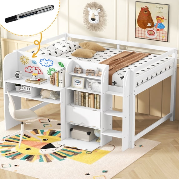Full Size Low Loft Bed with Built-in Desk & Storage Cabinets, Wooden Loft Bed with Open Bookcase, Under-Bed Storage Space, Whiteboard, White