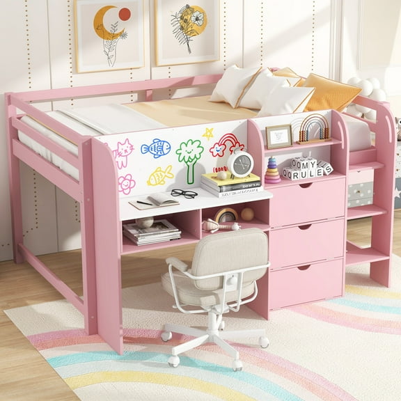 Full Size Low Loft Bed with Built-in Desk and Whiteboard, Wood Kids Loft Bed with Storage Cabinets, Bookcase, Safety Guardrails and Ladder, Pink