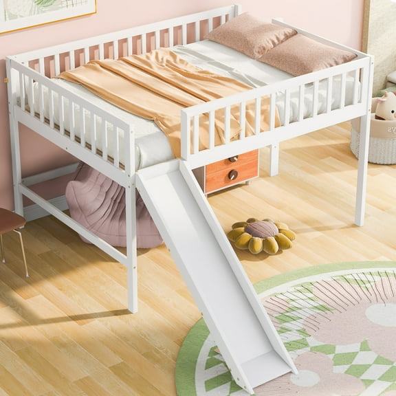 Full Size Low Loft Bed with Ladder and Slide for Kids Teens Boys Girls, Space-Saving Solid Wood Loft Bed Frame for Bedrooms, White