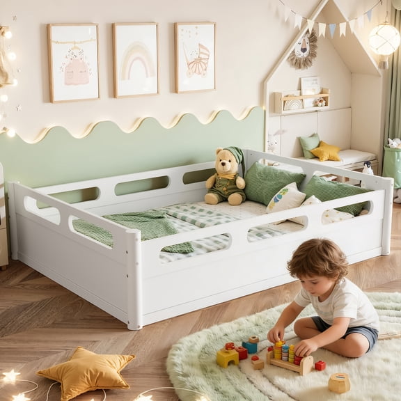 Full Size Low Profile Floor Platform Bed with Full-length Guardrails, Wood Slat Support, No Box Spring Needed, White