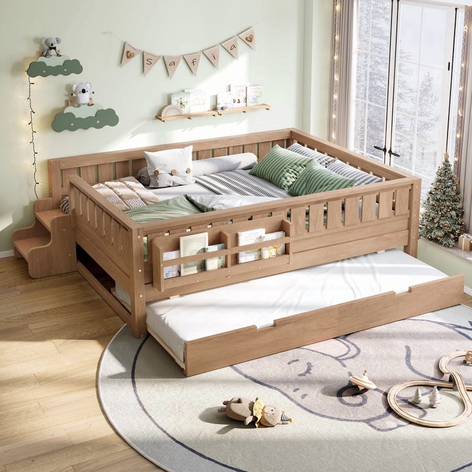 Full Size Low-Profile Kid's Platform Bed with Built-in Bookshelves & Small Staircase, Wooden Bed Frame with Safety Rails & Trundle