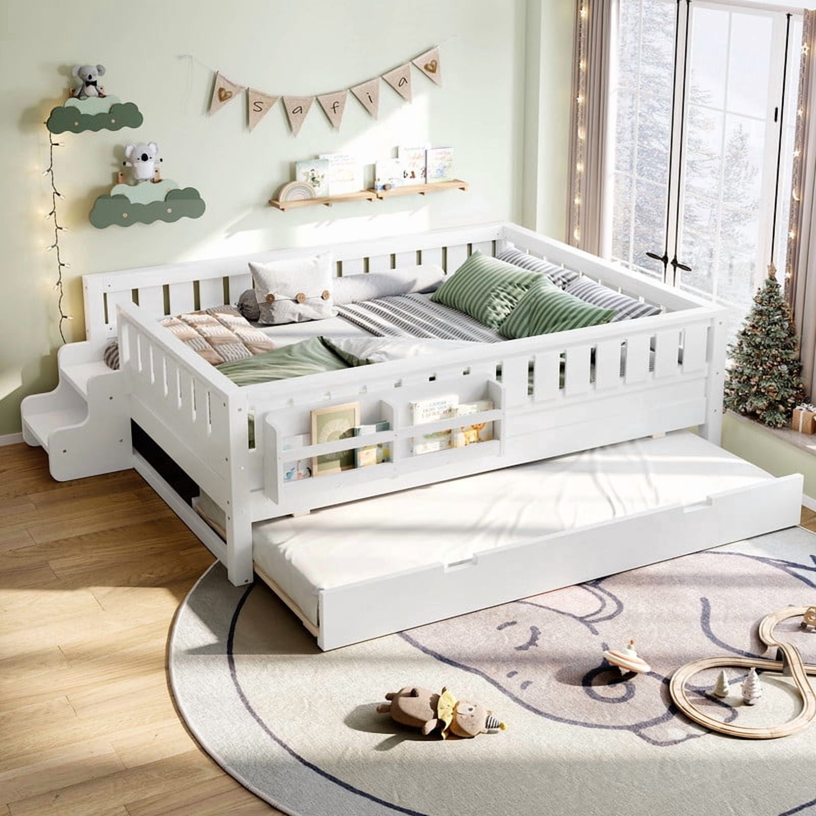 Full Size Low-Profile Kid's Platform Bed with Built-in Bookshelves & Small Staircase, Wooden Bed Frame with Safety Rails & Trundle