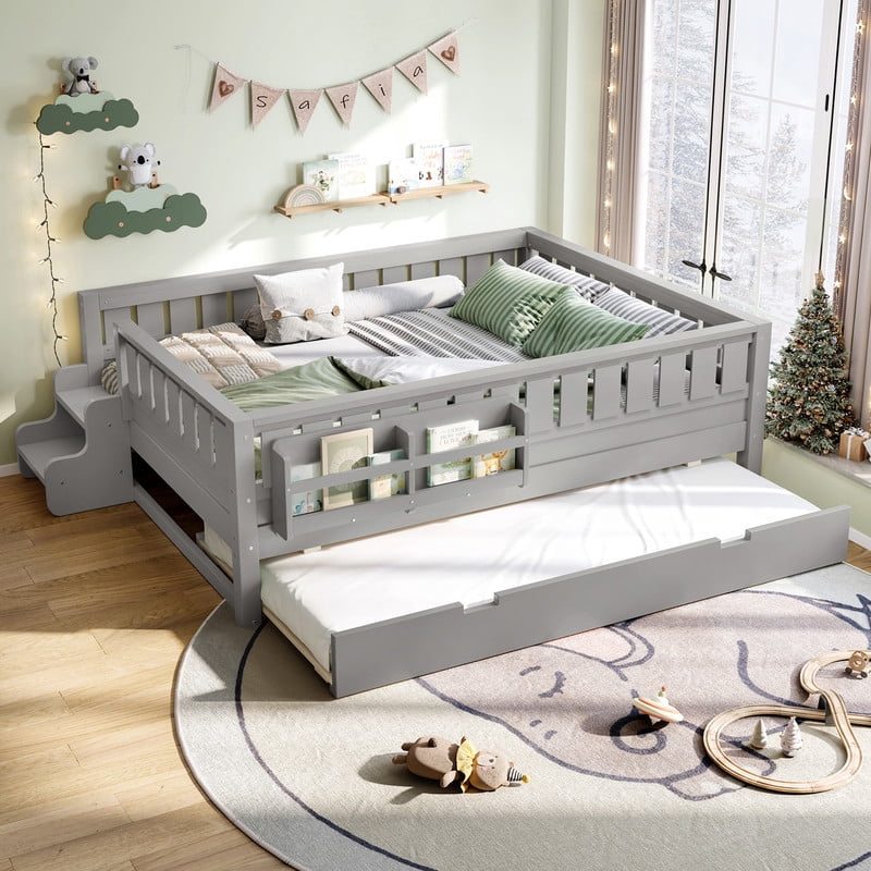 Full Size Low-Profile Kid's Platform Bed with Built-in Bookshelves & Small Staircase, Wooden Bed Frame with Safety Rails & Trundle