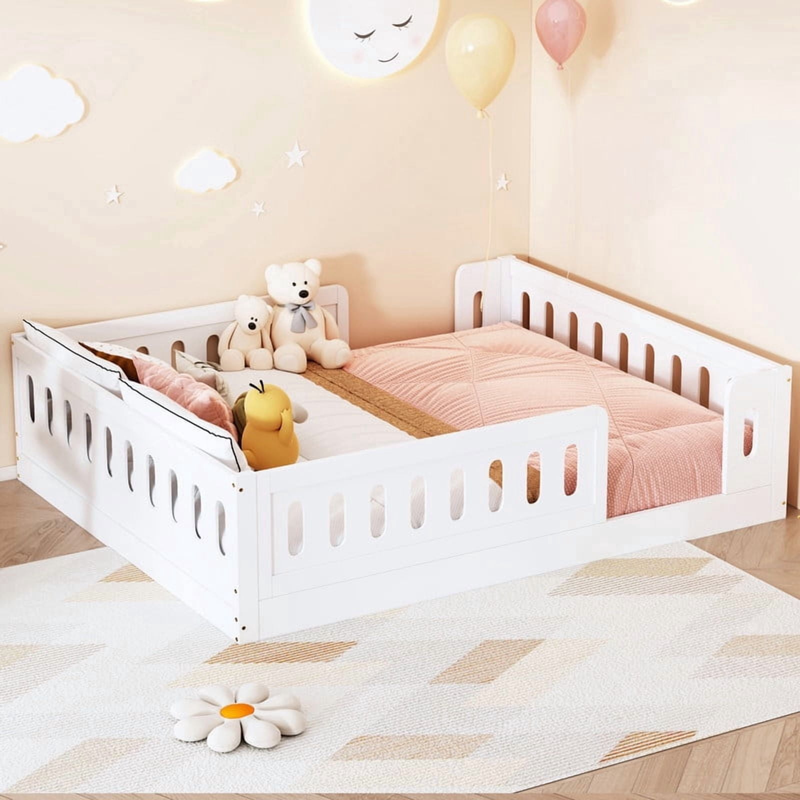 Full Size Low Profile Platform Bed with Guardrails, Wooden Montessori Kids Floor Bed without Support Slat