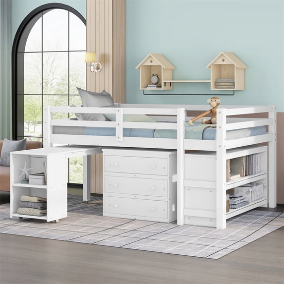 Full Size Low Study Loft Bed with Rolling Portable Desk and Cabinet for Storage,Solid Wood Attic Bed Frame with Full-length Guardrail for Boys Girls,Space-Saving Design,No Box Spring Needed,White