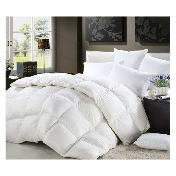 Full Size Luxurious 1200 Thread Count Siberian Goose Down Comforter, 100% Egyptian Cotton Cover, Damask Stripe White Color, 750 Fill Power, 50 Oz Fill Weight