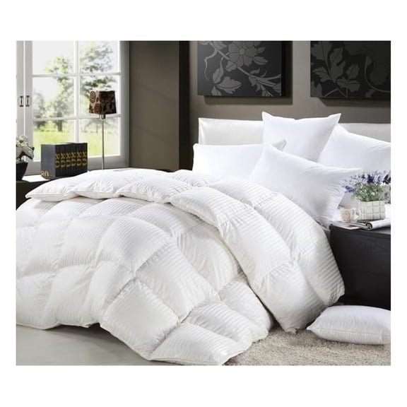 Full Size Luxurious 1200 Thread Count Siberian Goose Down Comforter, 100% Egyptian Cotton Cover, Damask Stripe White Color, 750 Fill Power, 50 Oz Fill Weight