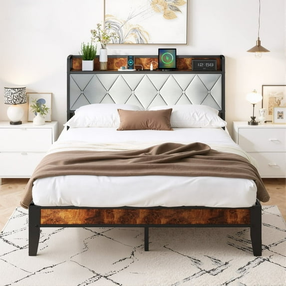 Simenmax Full Size Bed Frame with Storage Headboard & Charging Station,Platform Metal Bed Frame No Box Spring Required,Grey