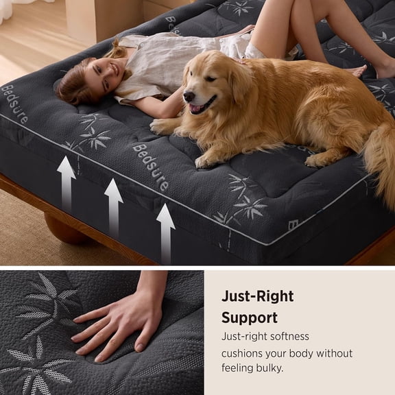 Full Size Mattress Topper - Viscose Made from Bamboo Ultra Soft Thick Fluffy Pillow Top Mattress Pad with 21 Inch Deep Pocket, Breathable, Moisture Wicking, Black, 54x75 Inch