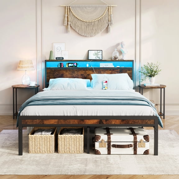 Full Size Metal Bed Frame with 2-Tier Storage Headboard & Charging Station, Industrial Platform Bed with LED Lights, Noise-Free, No Box Spring Needed, Antique Brown Bedroom Bed