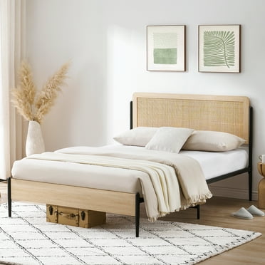 Full Size Metal Bed Frame with Curved Rattan Headboard and Wooden Footboard, Platform Bed Frame with Under Bed Storage, Strong Metal Slat Support, No Box Spring Needed, Modern, White Oak