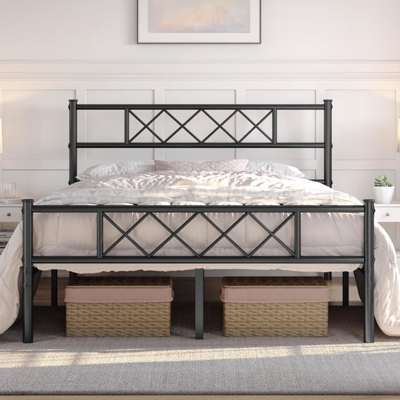 Full Size Metal Bed Frame with Headboard and Footboard, Sturdy Steel Slat Support for Mattress Foundation, No Box Spring Required, 12.6 Inch Under Bed Storage Space, Easy Assembly, Black