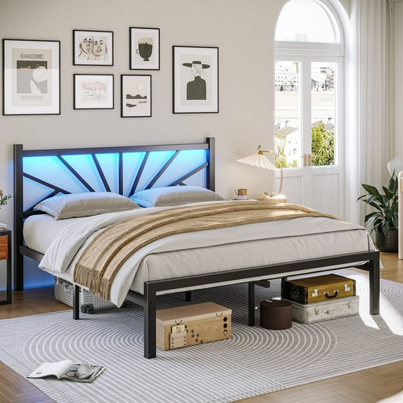Full Size Metal Bed Frame with Headboard Metal Platform Bed Frame with LED Lights Bed Frame Full with Storage Underbed, Noise Free, No Box Spring, Black