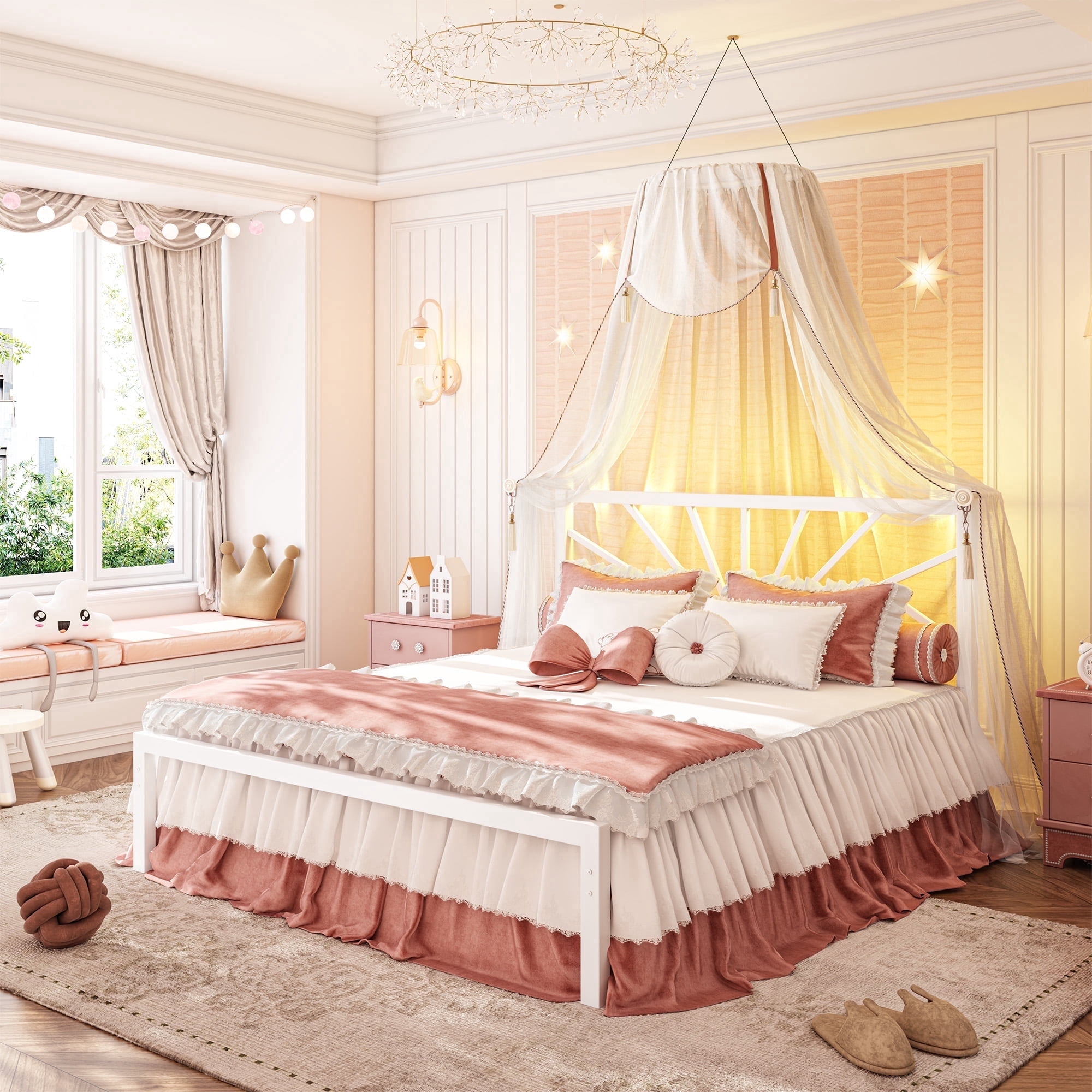 Full Size Metal Bed Frame with Headboard Metal Platform & LED Lights & Storage Underbed, Noise Free, No Box Spring, White