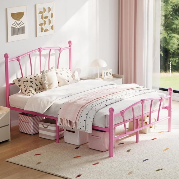 Full Size Metal Bed Frame, Heart-Shaped Headboard & Footboard, Heavy Duty, No Box Spring Needed, Pink