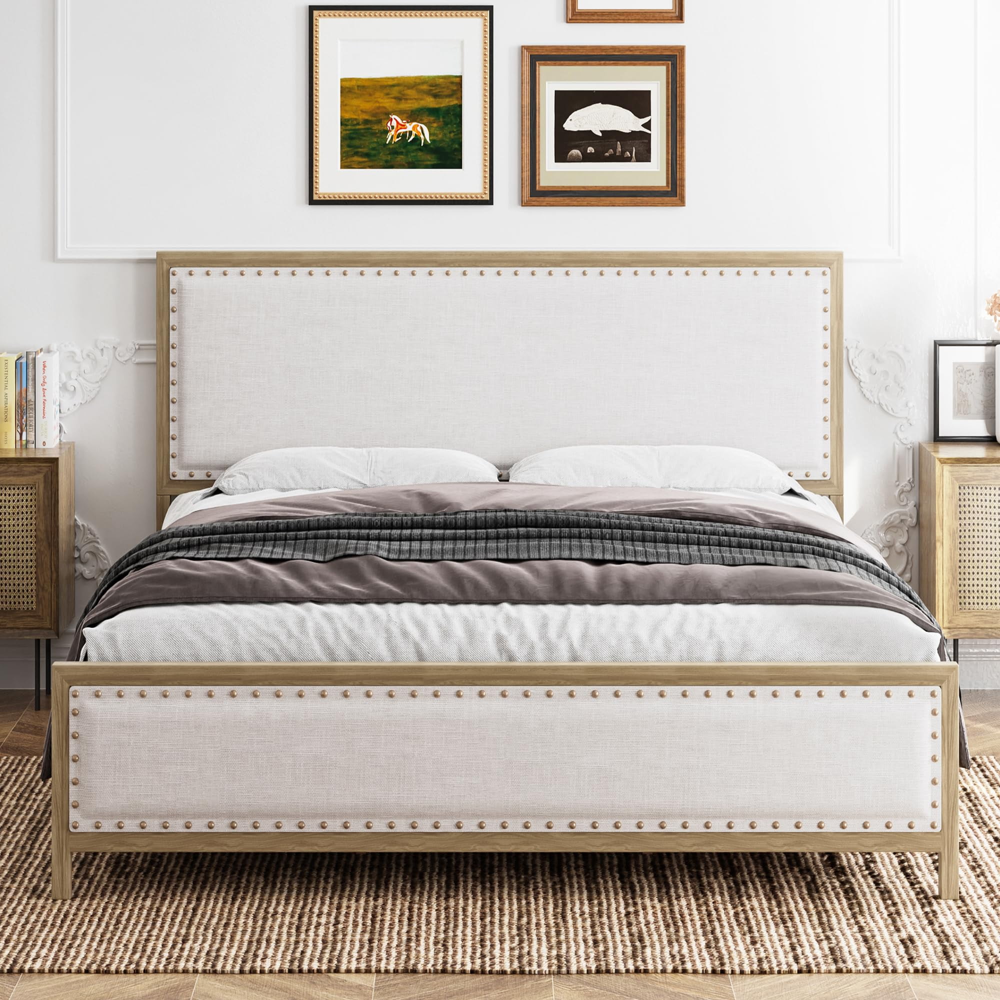 Queen Size Metal Bed Frame with Linen Headboard and Footboard Wood
