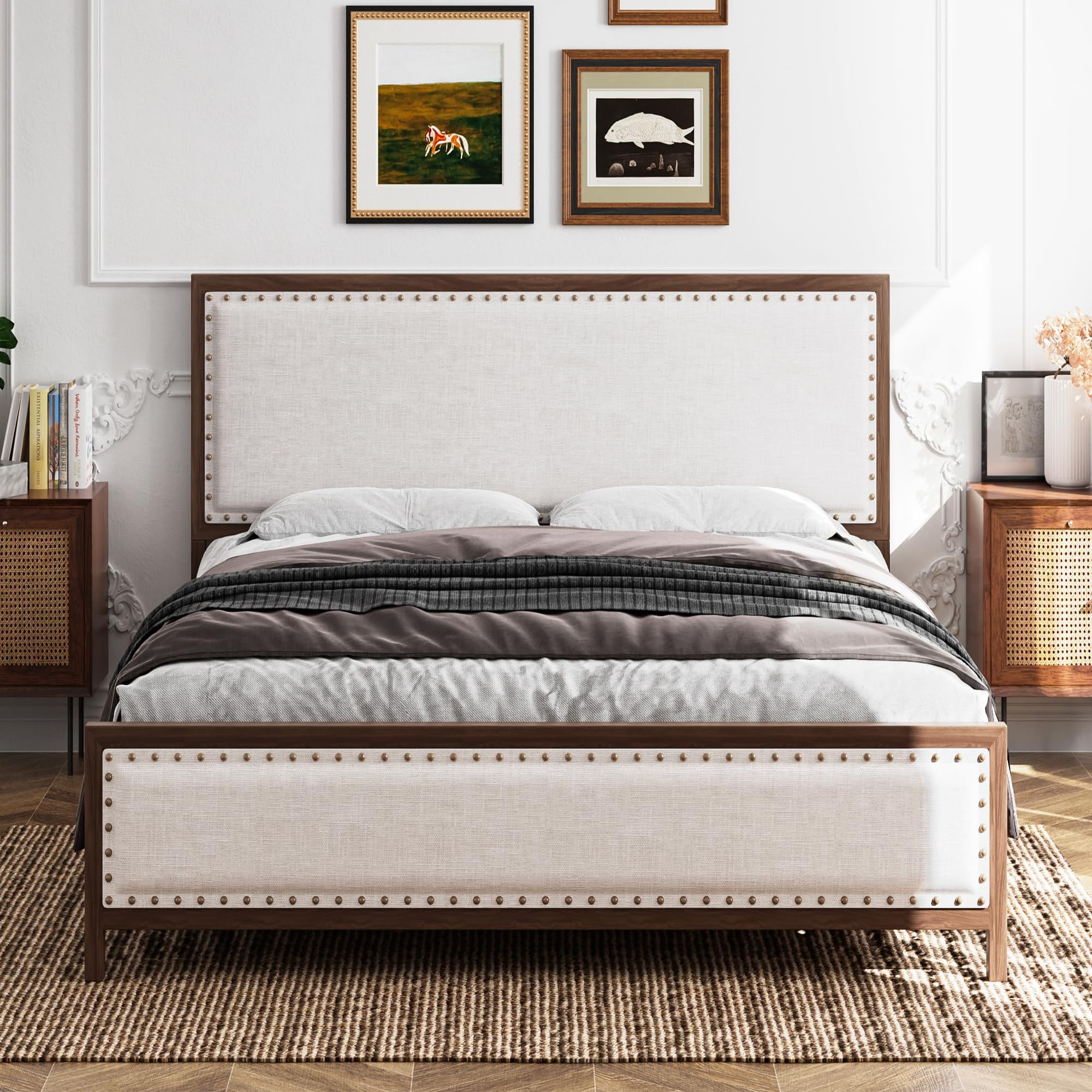 Queen Size Metal Bed Frame with Linen Headboard and Footboard Wood