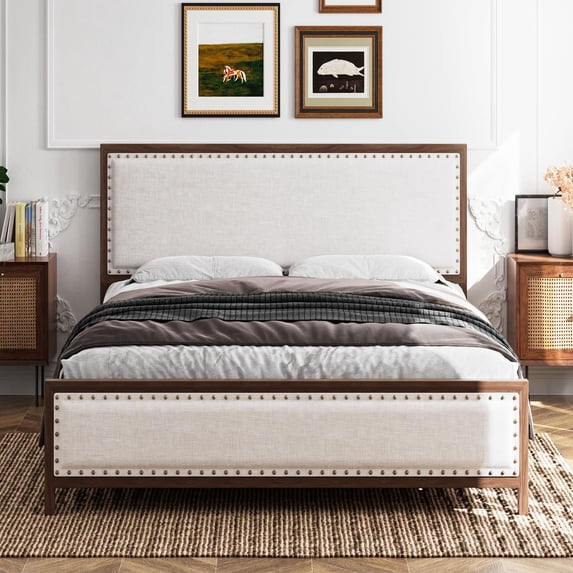 Full Size Metal Bed Frame with Linen Headboard and Footboard Wood Grain Upholstered Platform Bed with Rivet No Noise No Box Springs Required Easy Assembly Walnut