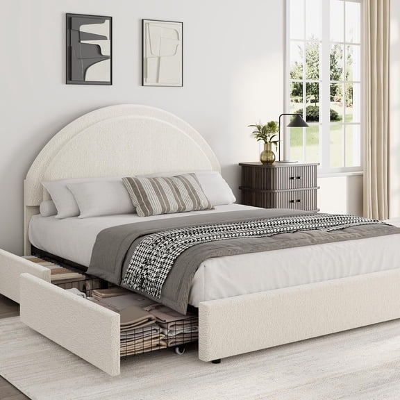 Full Size Metal Bed Frame with Storage Drawers, Upholstered Boucle Platform Bed with Round Headboard, Heavy Duty & Noise Free, No Box Spring Needed, Beige with Sturdy Steel Slats