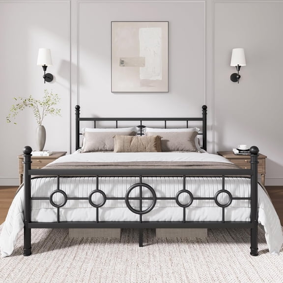 Full Size Metal Bed Frame with Vintage Circular Headboard and Footboard, Heavy-Duty Iron Platform Bed, No Box Spring Needed, Noise-Free Design, Easy Assembly, Black
