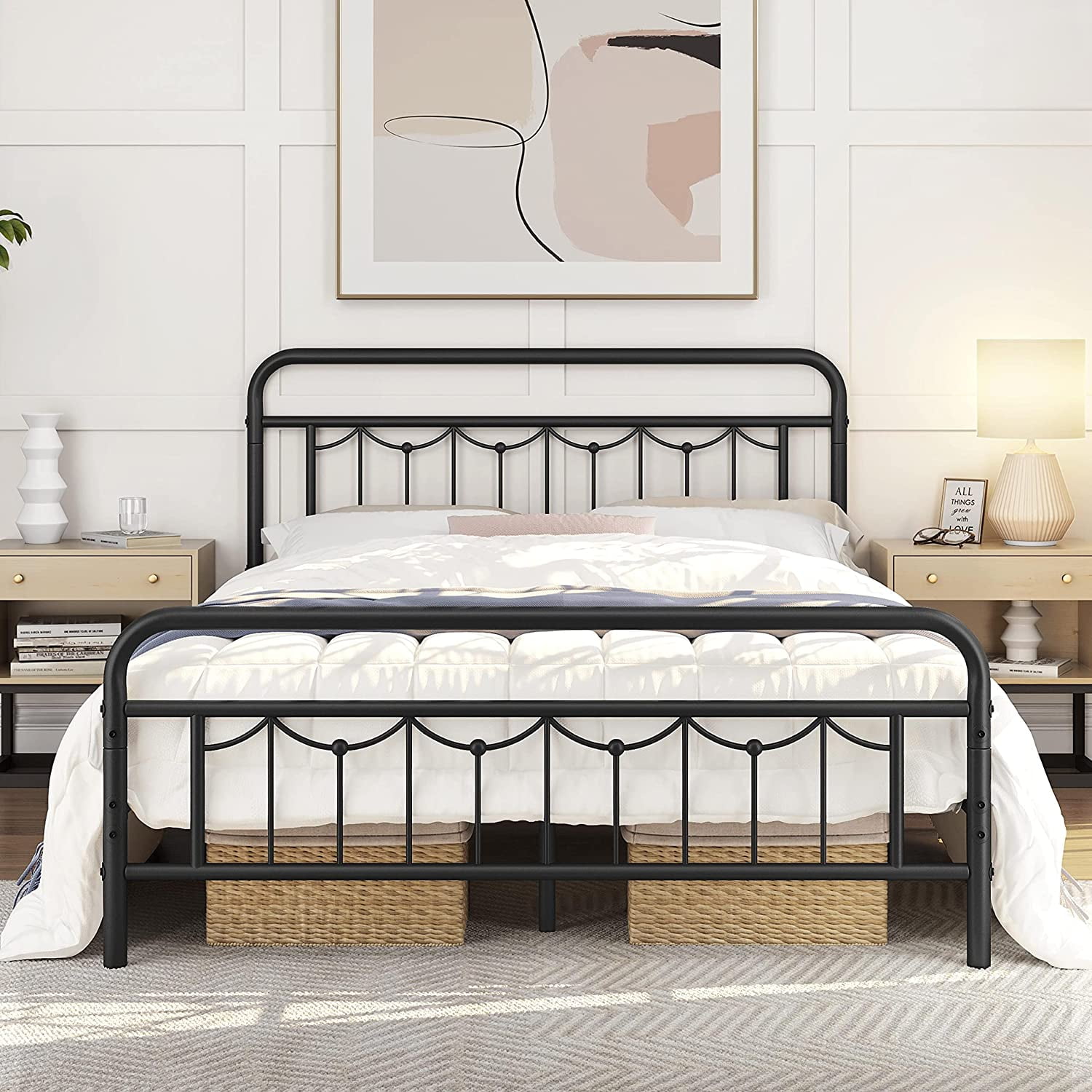 Full Size Metal Bed Frame with Vintage Headboard and Footboard