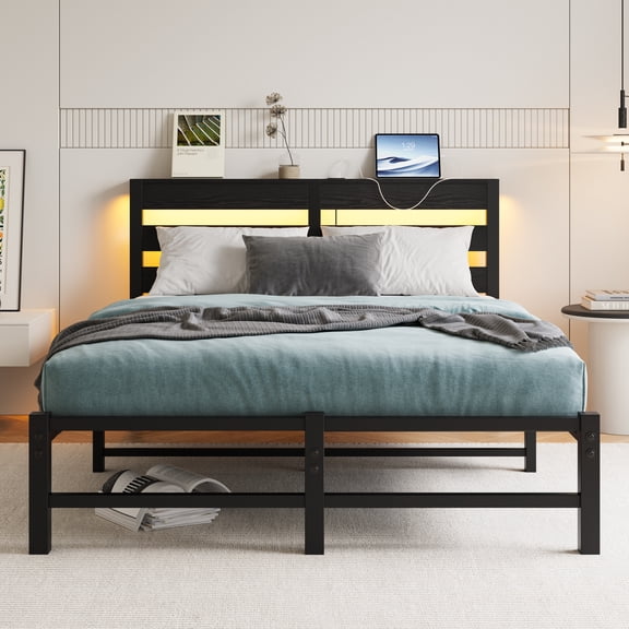 Full Size Metal Bed Frame with Wooden Headboard, Bed Frame with RGB Lights, Charger, No Box Spring Needed, Noise-Free ,sturdy and durable Mattress Foundation,Underbed Storage Space ,Black
