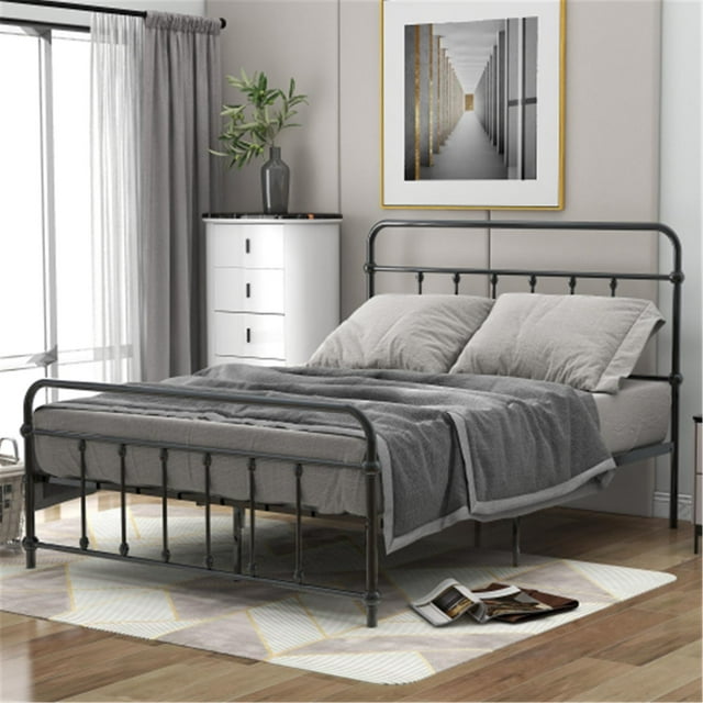 Full Size Metal Bed Frame with Headboard and Feetboard, No Spring Box Needed, Black
