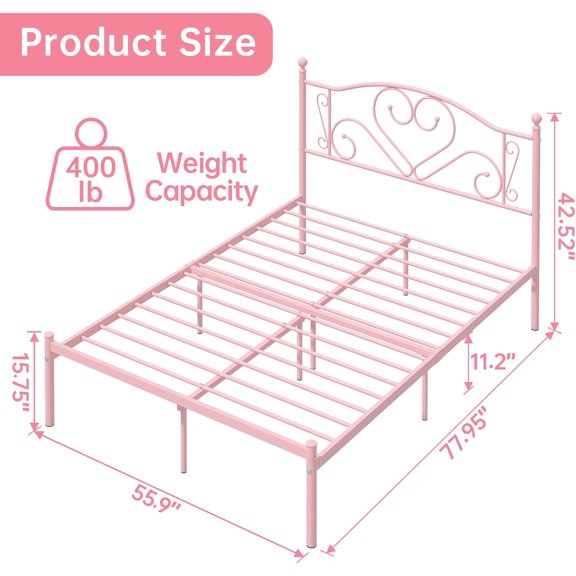 Full Size Metal Bed Frame with Heart Headboard and Under Storage, Pink Platform Bed No Box Spring Needed