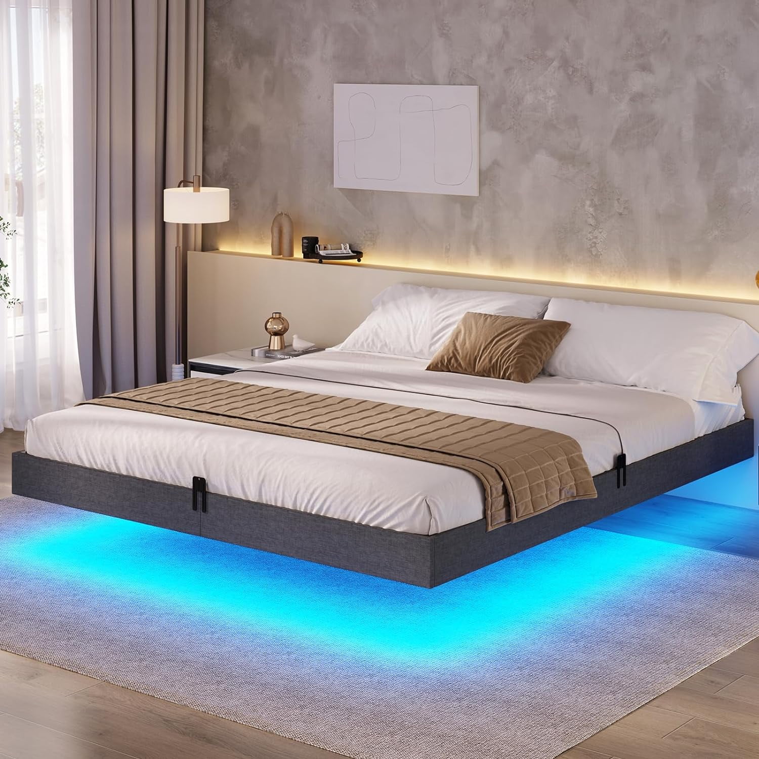 Floating Bed Frame King Size with LED Lights, Metal Platform King Bed, No Box Spring Needed, Easy to Assemble