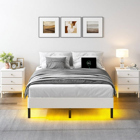 Full Size Metal Bed Frame with LED Lights and Charging Station, 7 Inch Heavy Duty Bed Base with 9 Legs Support for Box Spring