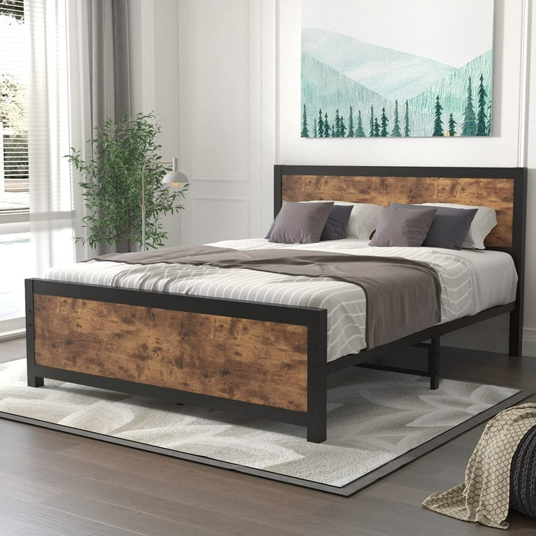 Full Size Metal Bed Frame with Wooden Headboard Country Rustic Full Platform Bed Mattress Foundation Brown Black