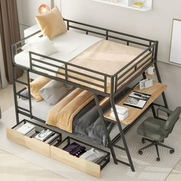Full Size Metal Bunk Bed with Desk, Light and 2 Drawers, Full Over Full Bunk Bed for Kids Teens Adults, Metal Bed Frame with Ladder, Guardrails and Slats Support, No Box Spring Needed, Black