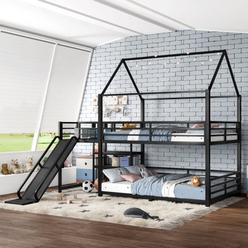 Full Size Metal Bunk Bed House Shape with Storage Stairs and Slide Space Saving Play Loft Bed with Safety Rails, Black