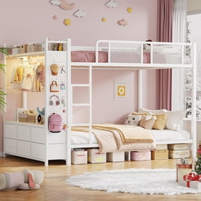 Full Size Metal Bunk Bed with Storage & Wardrobe, Full Over Full Bunk Bed with Charging Station, Pegboard, 6 Drawers & Open Shelf, Safety Guard & Ladder, Saving Space, Max load 400lb, White
