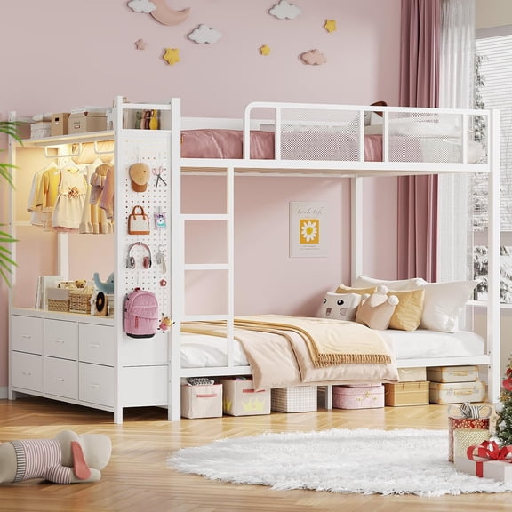 Full Size Metal Bunk Bed with Storage & Wardrobe, Full Over Full Bunk Bed with Charging Station, Pegboard, 6 Drawers & Open Shelf, Safety Guard & Ladder, Saving Space, Max load 400lb, White
