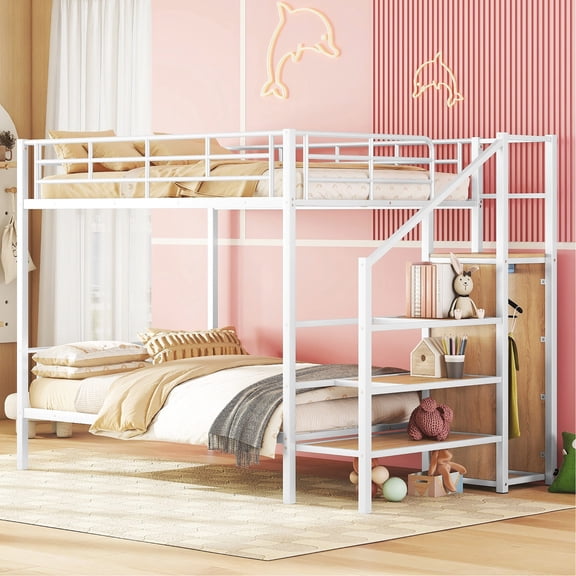 Full Size Metal Bunk Bed With Lateral Storage And Closet In White, Safe & White Closet, For