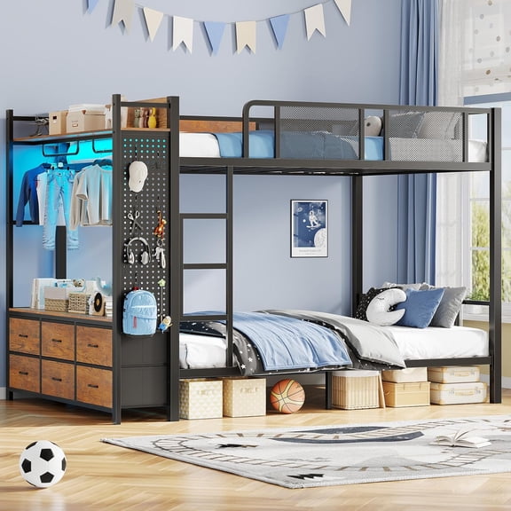 Full Size Metal Bunk Bed with 13" Safety Guardrail & Ladders, Modern Bunk Bed Frane with LED Lights, Hall Tree and 6 Storage Drawers for Bedrroom