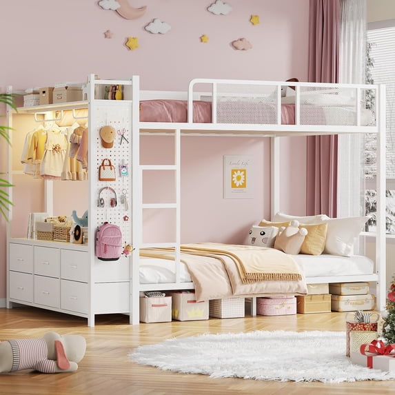 Full Size Metal Bunk Bed with 13" Safety Guardrail & Ladders, Modern Bunk Bed Frane with LED Lights, Hall Tree and 6 Storage Drawers for Bedrroom