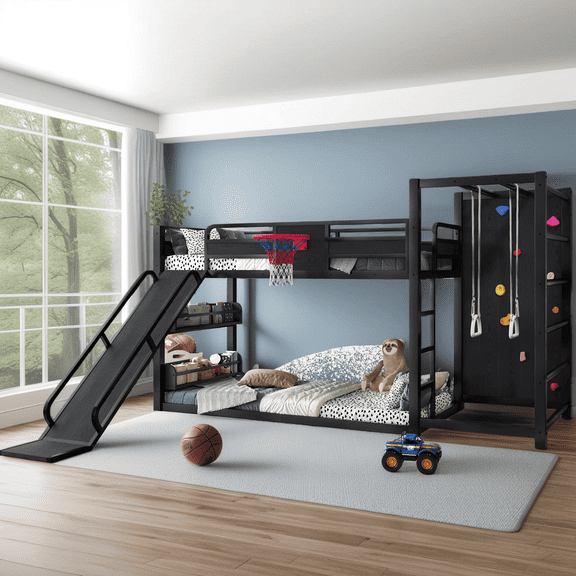 Full Size Metal Bunk Bed with Slide, Basketball Hoop, Climbing Wall, Multi-Functional Sports Bunk Bed with Pull Up Bar & Bookshelf, Black