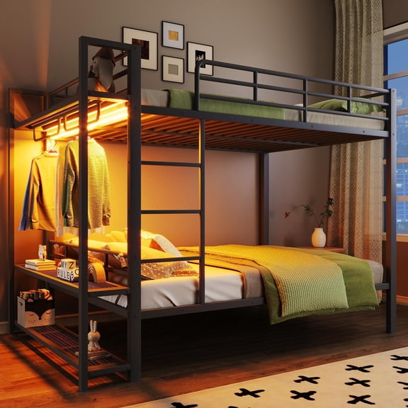 Full Size Metal Bunk Bed with Storage Mesh Shelves and Clothes Hooks,LED Light,Black