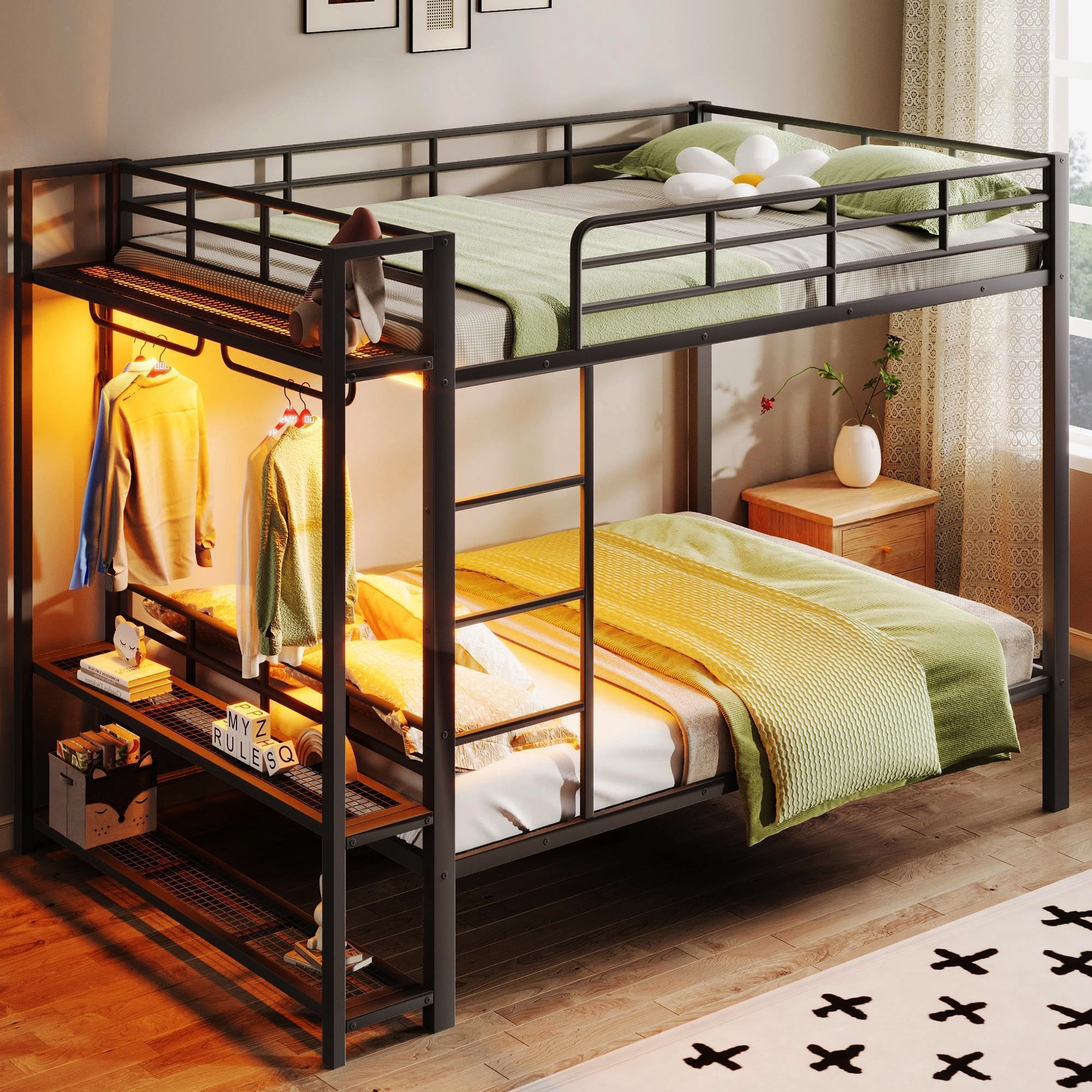 Full Size Metal Bunk Bed with Storage Mesh Shelves and Clothes Hooks,LED Light,Black